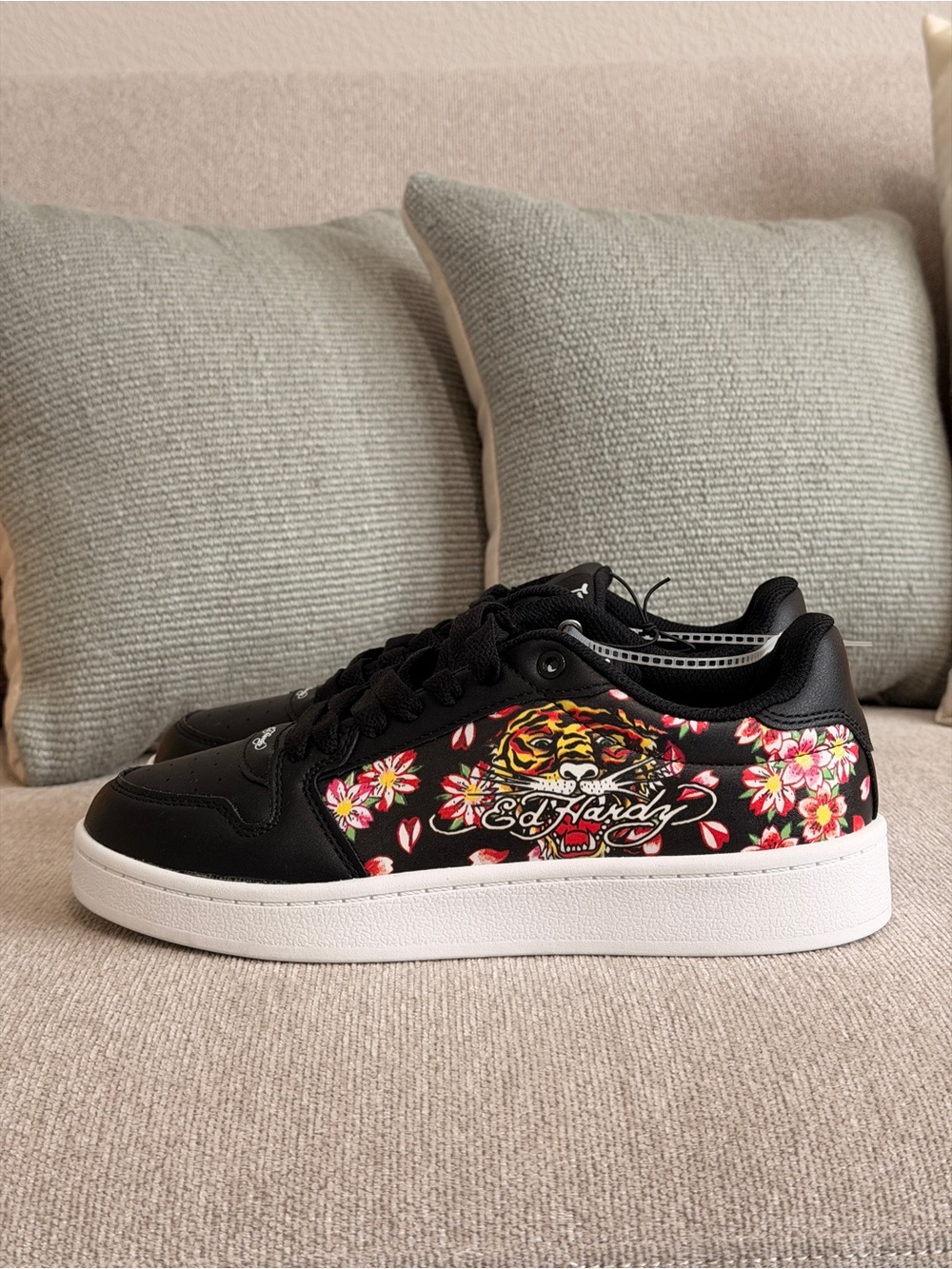 New Ed Hardy Black Sneakers with Pink & Yellow Floral Tiger Motif